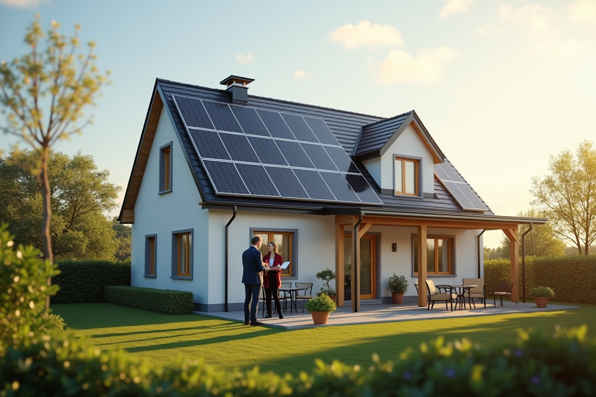 Maison moderne avec panneaux solaires et jardin ensoleille