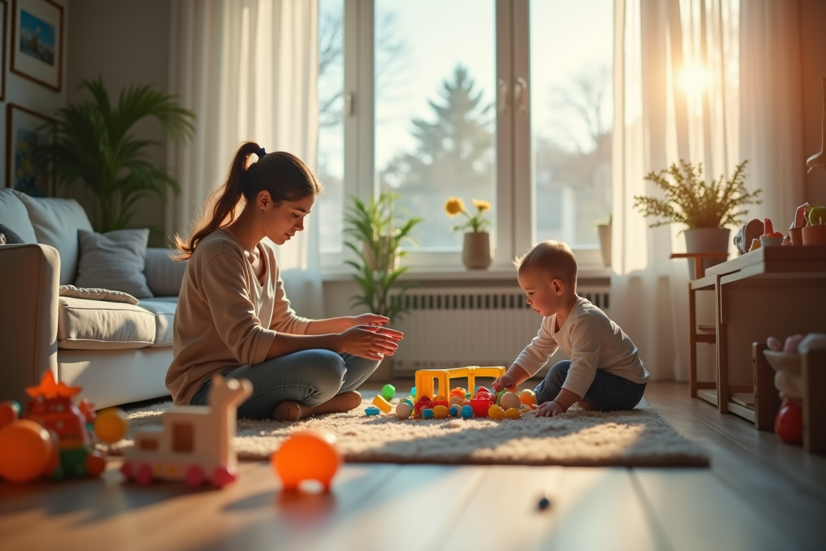 Jeune maman stressée avec son enfant dans un salon moderne