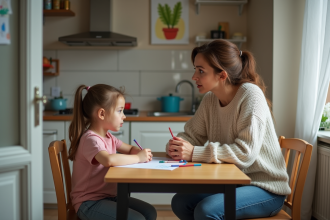 Maman et sa fille dessinant à la maison dans la cuisine