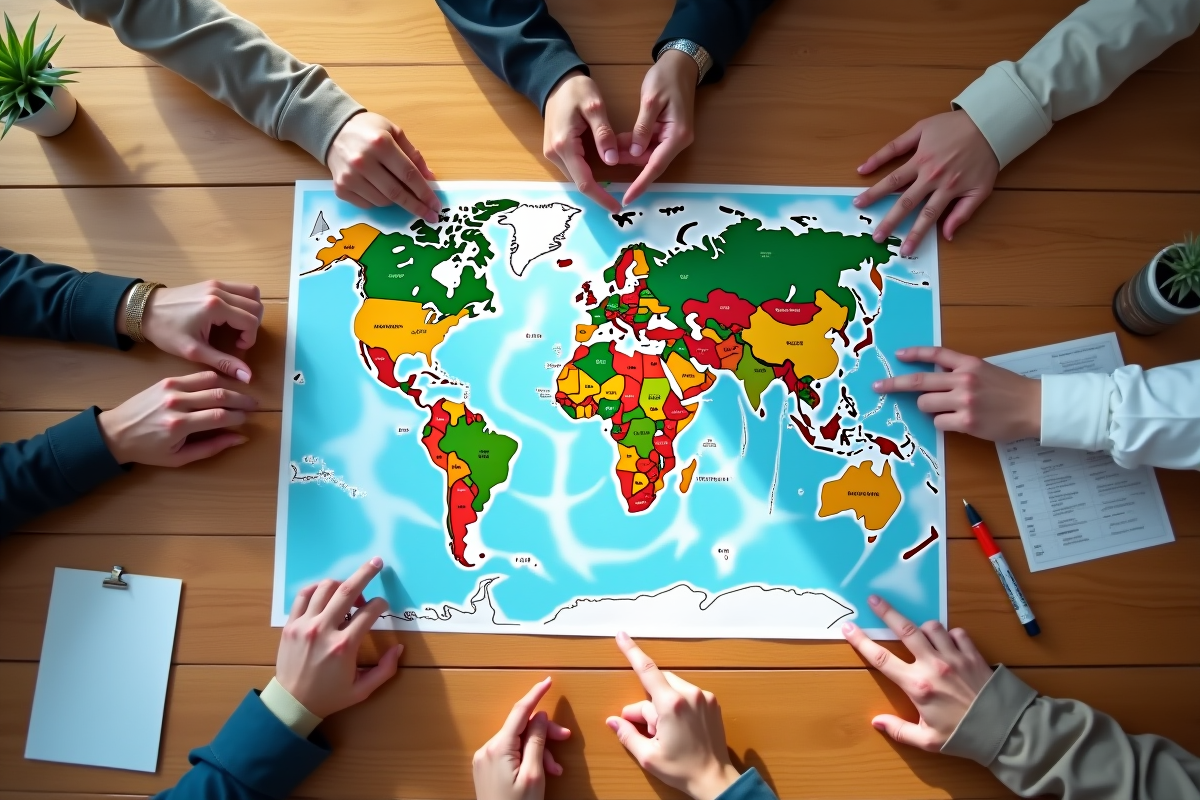 Mains de différentes ethnies pointant une carte du monde