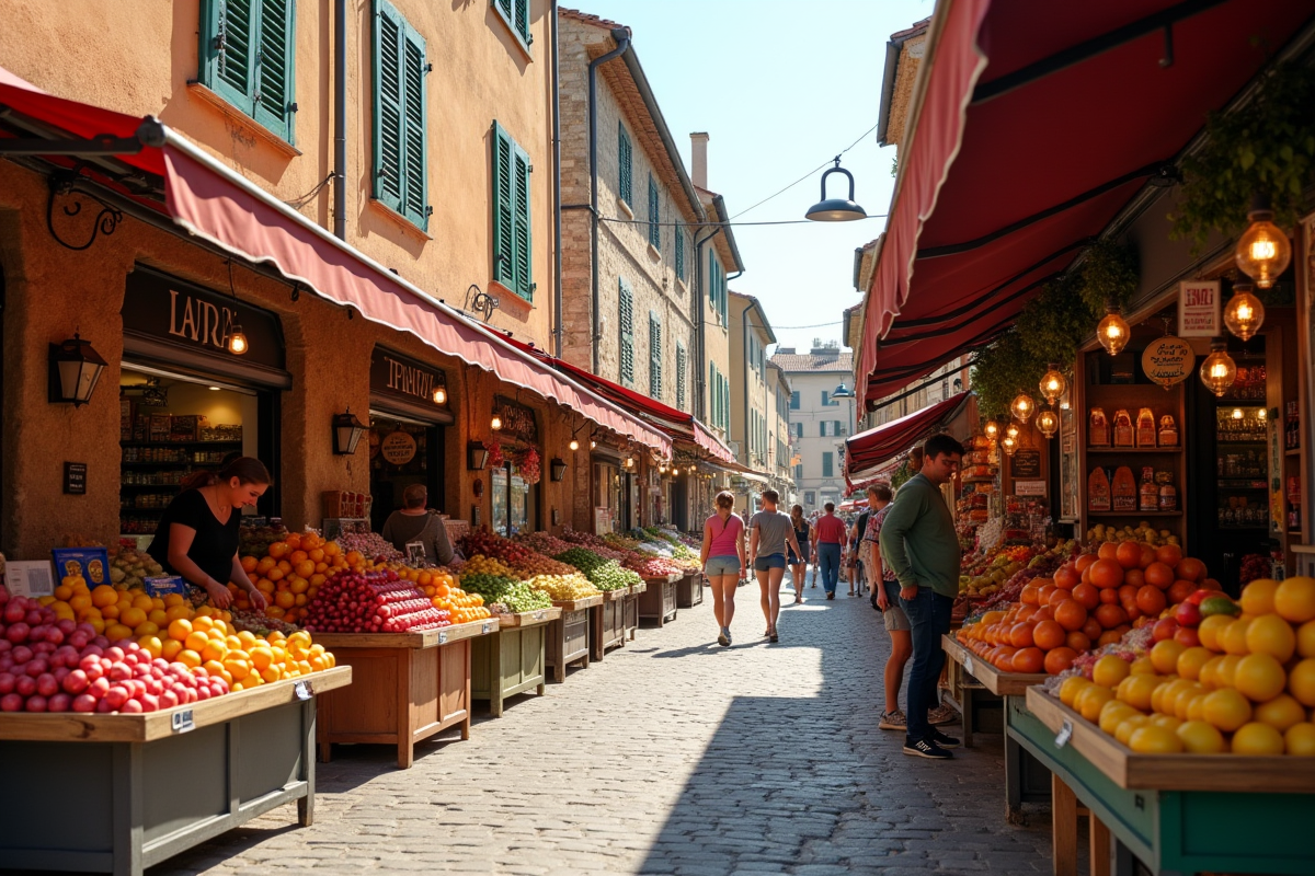 Marché de ville européen avec stands de fruits colorés