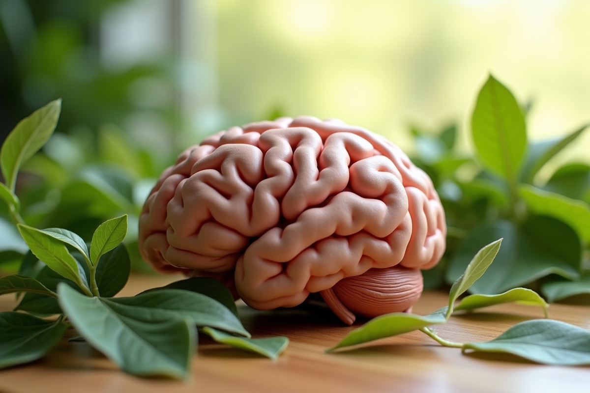 Modèle de cerveau humain parmi des plantes vertes
