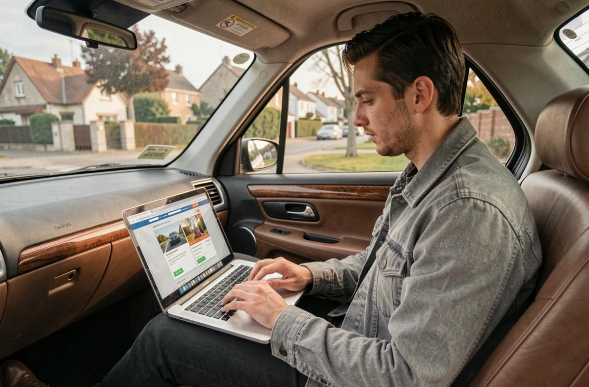Passager réservant un trajet sur monTransport.com depuis l'arrière d'un taxi