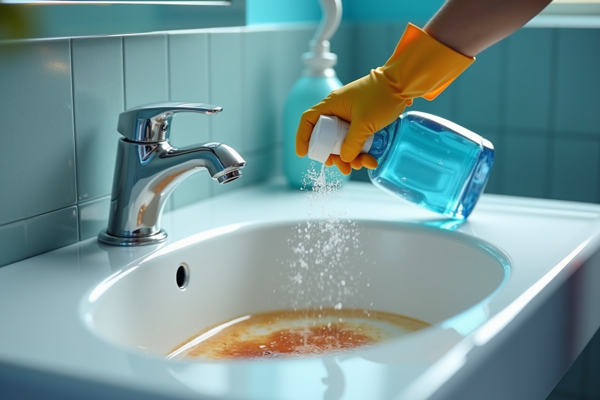 Main gantée pulvérisant un nettoyant sur évier salle de bain
