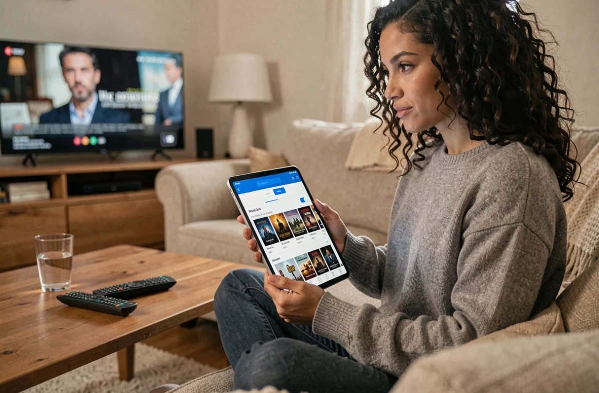 Femme utilisant un VPN sur tablette pour accéder à un catalogue de films en streaming depuis son canapé