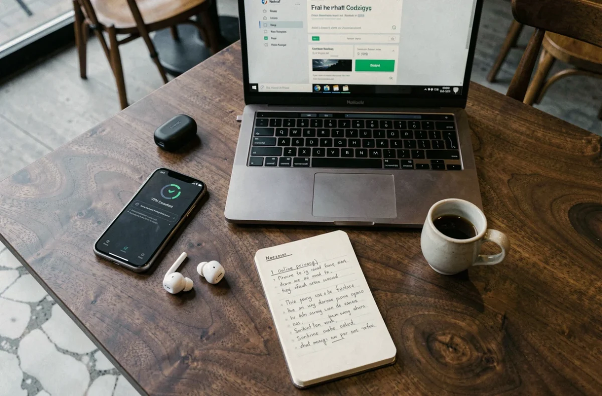 Vue aérienne d'un bureau avec smartphone affichant un VPN, ordinateur portable sur un site de films et notes sur la confidentialité en ligne