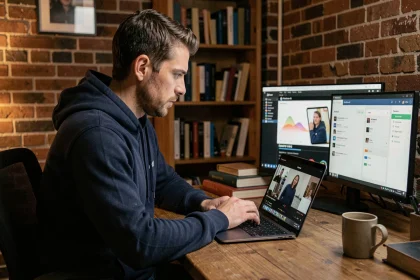 Homme regardant un film en streaming avec une interface VPN visible sur un second écran dans un bureau à domicile