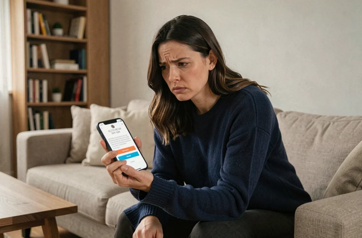 Femme inquiète face à une notification de bannissement de compte sur son téléphone pendant une partie de Monopoly GO