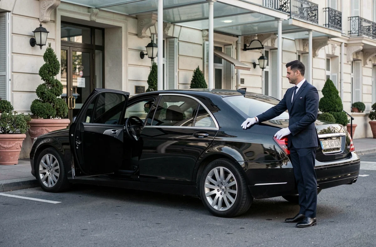 Chauffeur en costume ouvrant la portière d'une berline de luxe Onyx Drive Paris devant un hôtel