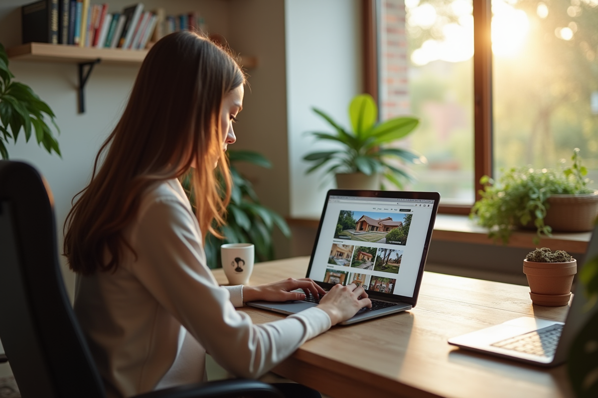 Personne utilisant un ordinateur portable dans un bureau moderne pour naviguer sur des sites immobiliers