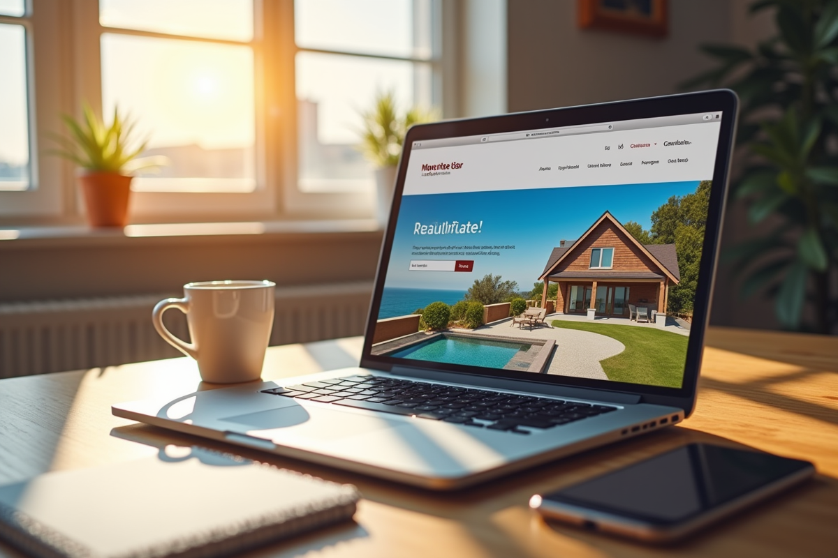 Ordinateur portable affichant un site immobilier sur un bureau en bois