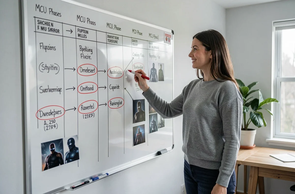 Femme écrivant un ordre de visionnage chronologique des films Spider-Man et du MCU sur un tableau blanc dans un bureau à domicile