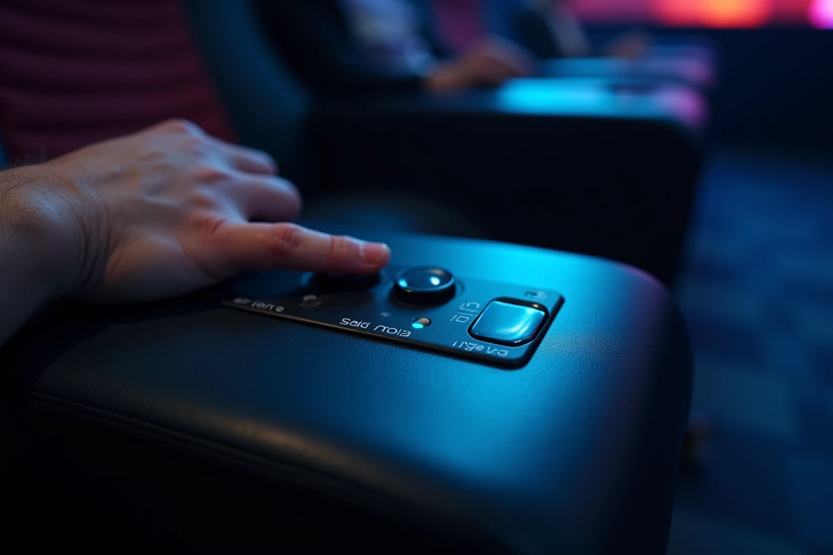 Gros plan sur le panneau de commande d'un siège 4DX avec boutons de contrôle des effets de mouvement et sensoriels