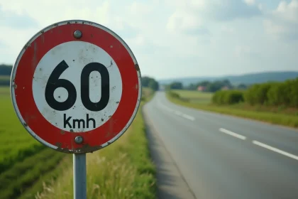 Panneau de limitation de vitesse français 60 km/h sur route de campagne illustrant la conversion 37 mph en km/h