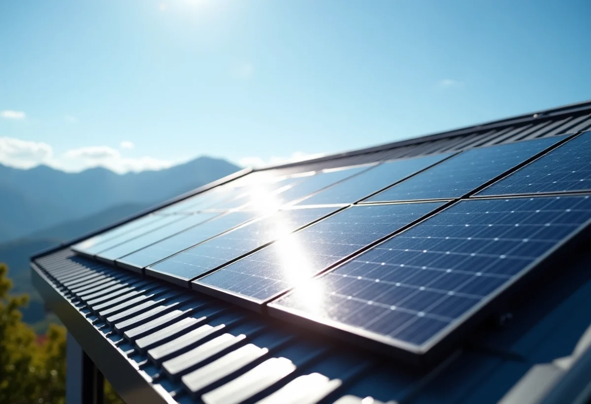 Panneaux solaires sur un toit moderne avec ciel bleu