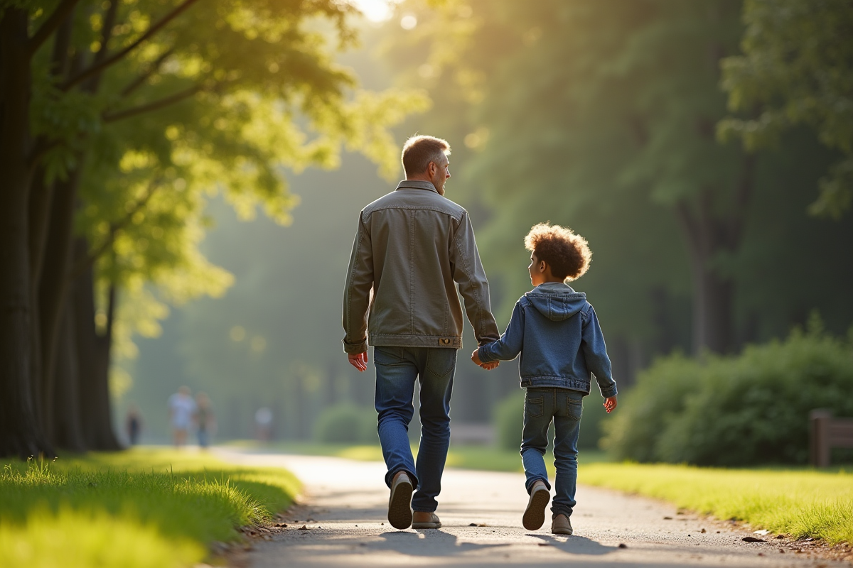Père et adolescent discutant dans un parc en plein air
