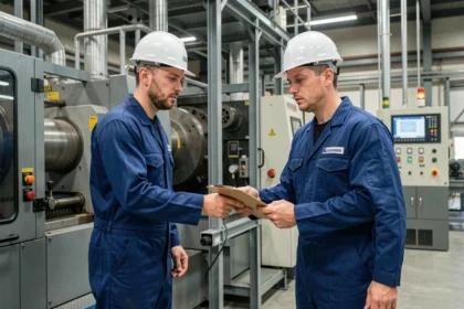 Passation de consigne entre deux équipes en 2x8 dans une usine industrielle, deux ouvriers échangeant un planning de travail posté