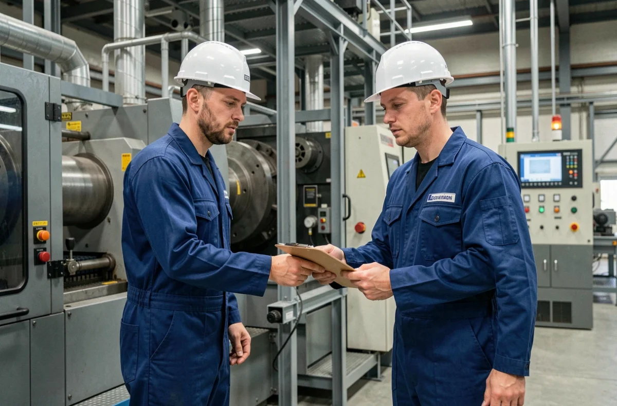 Passation de consigne entre deux équipes en 2x8 dans une usine industrielle, deux ouvriers échangeant un planning de travail posté