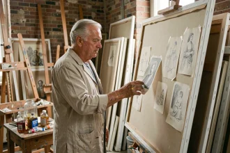 Peintre français âgé dans son atelier parisien examinant une toile non encadrée entourée d'esquisses et de matériel artistique vintage