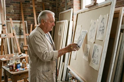 Peintre français âgé dans son atelier parisien examinant une toile non encadrée entourée d'esquisses et de matériel artistique vintage