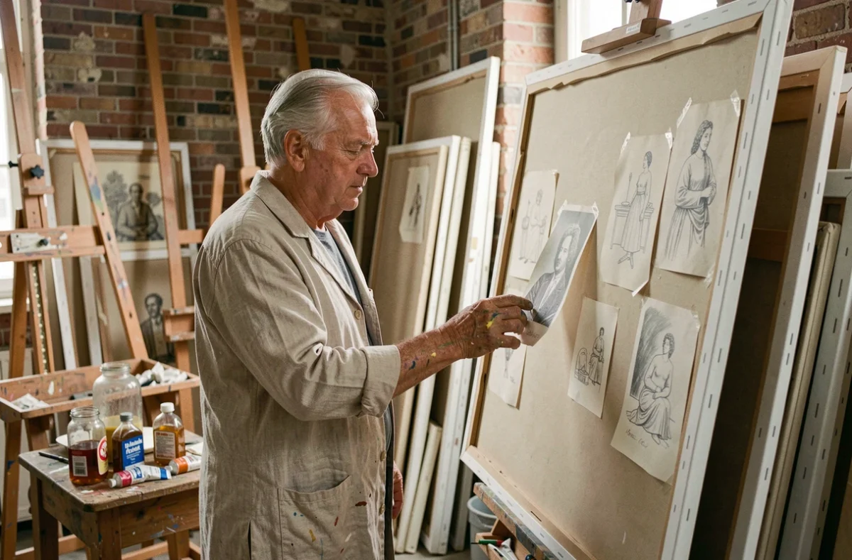 Peintre français âgé dans son atelier parisien examinant une toile non encadrée entourée d'esquisses et de matériel artistique vintage