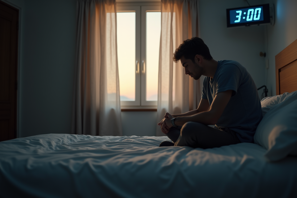 Personne assise sur le lit à 3h du matin dans une chambre luminee