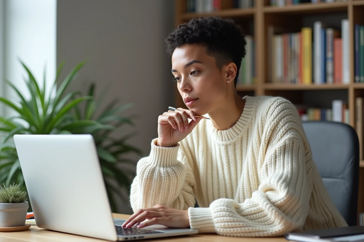 Personne non-binaire recherchant des rencontres trans sur un forum communautaire LGBTQ+ depuis son bureau à domicile