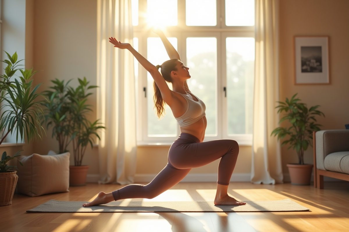 Personne pratiquant le yoga dans un salon lumineux