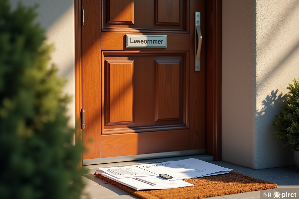 Porte d immeuble avec boîtes aux lettres et lettres officielles au sol