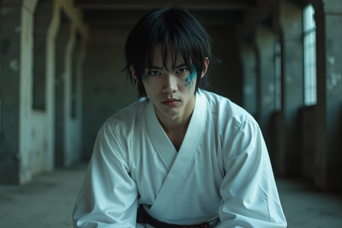 Portrait d'un cosplayer Ulquiorra avec maquillage pâle et fragment de masque Hollow dans un entrepôt abandonné