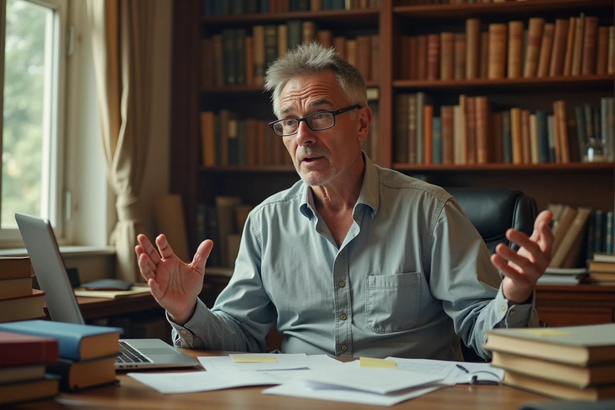Professeur universitaire dans son bureau encombré de livres, gesticulant pendant une discussion sur la définition du concept woke et ses récupérations politiques