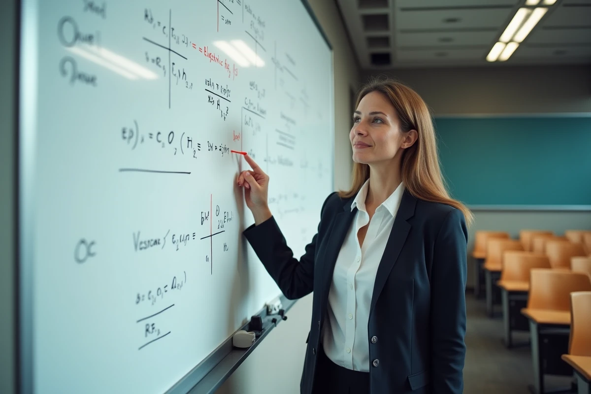 Professeure corrigeant une erreur typique dans un calcul de champ électrique au tableau en salle de cours