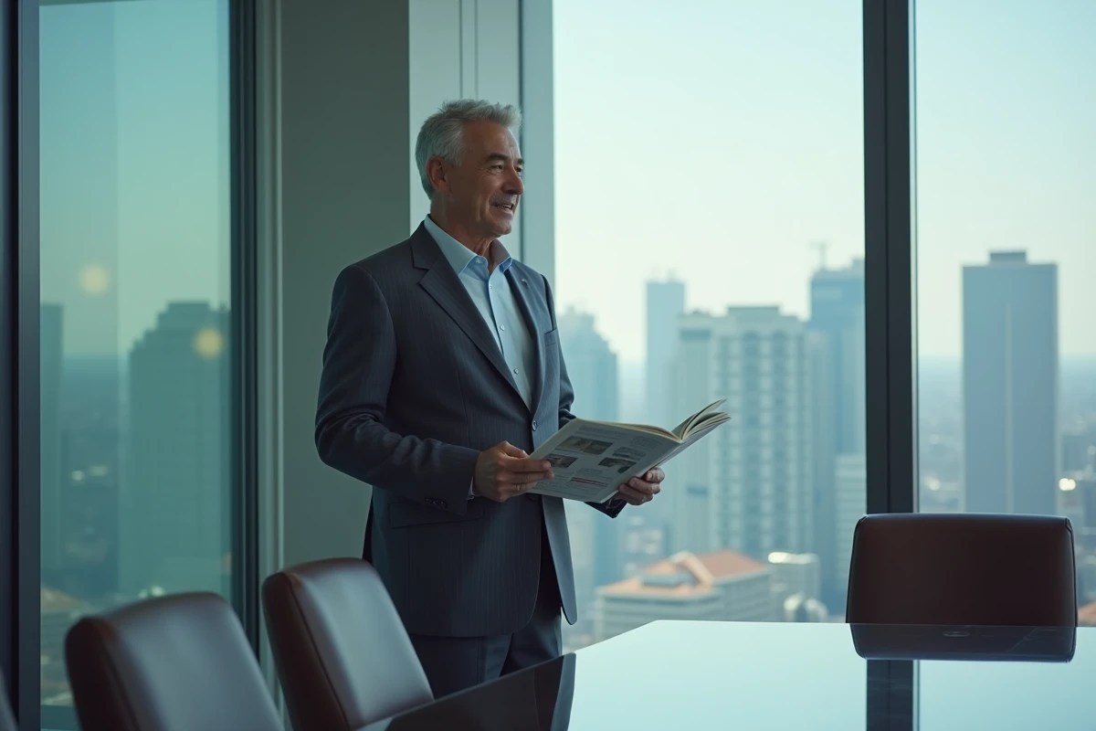 Professionnel des médias en réunion dans une salle de conférence moderne avec vue sur la ville