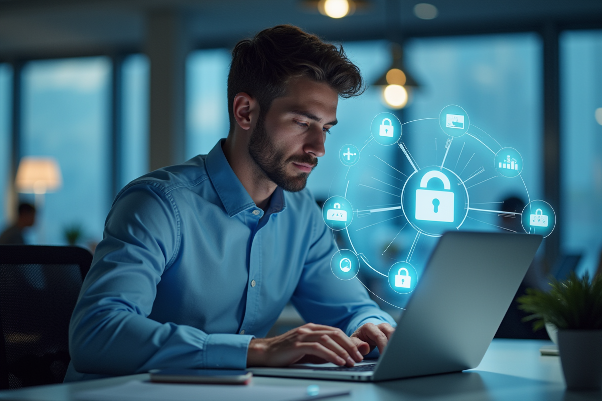 Professionnel informatique travaillant avec cybersécurité et hologrammes