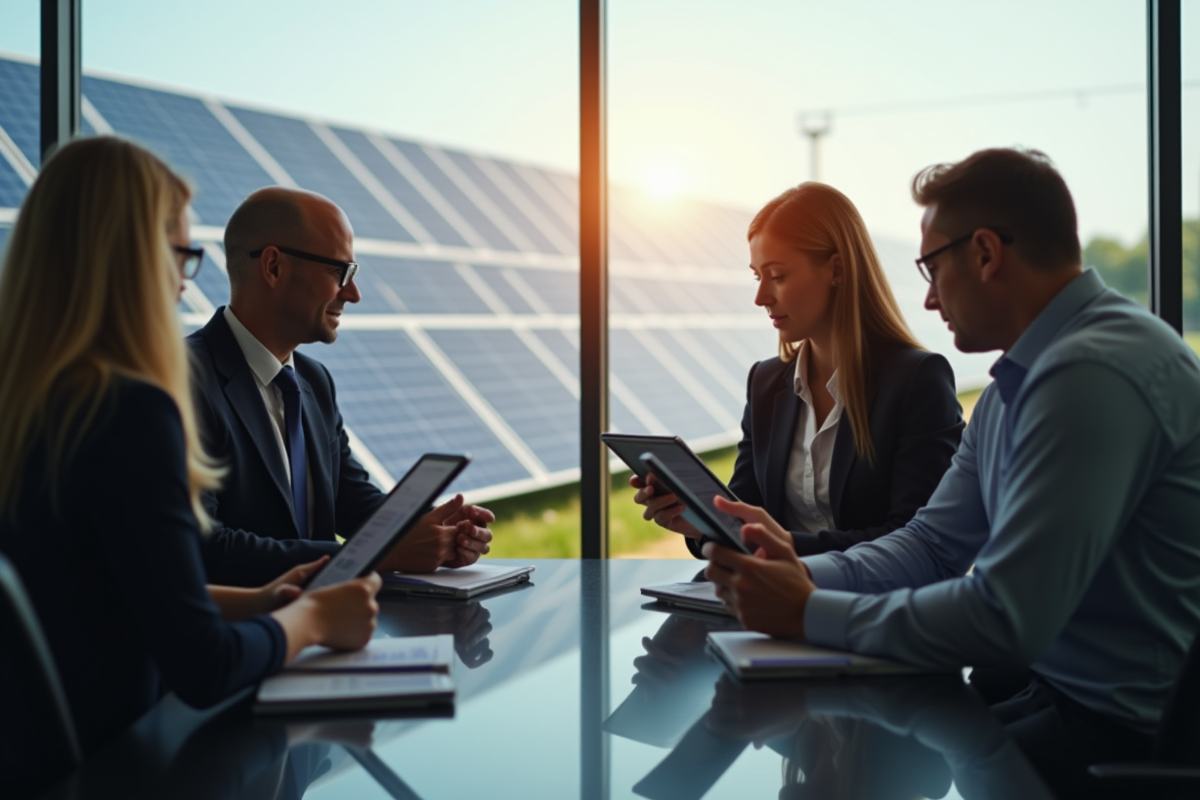 Professionnels analysant des données solaires avec tablettes