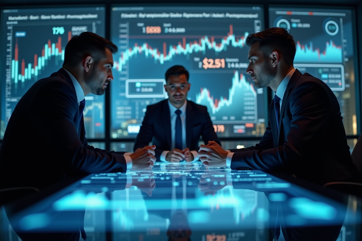 Trois professionnels en finance discutent dans un bureau moderne