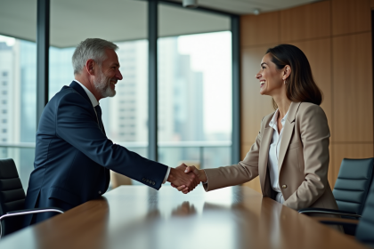 Deux professionnels se serrant la main dans un bureau moderne
