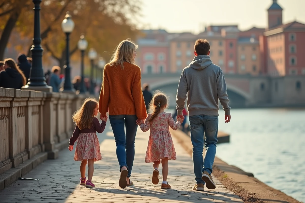 Famille se promenant le long des quais de la Garonne à Toulouse avec des enfants un weekend