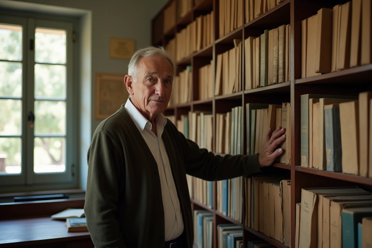 Homme âgé dans une bibliothèque personnelle évoquant les archives et souvenirs liés à l'affaire Russier