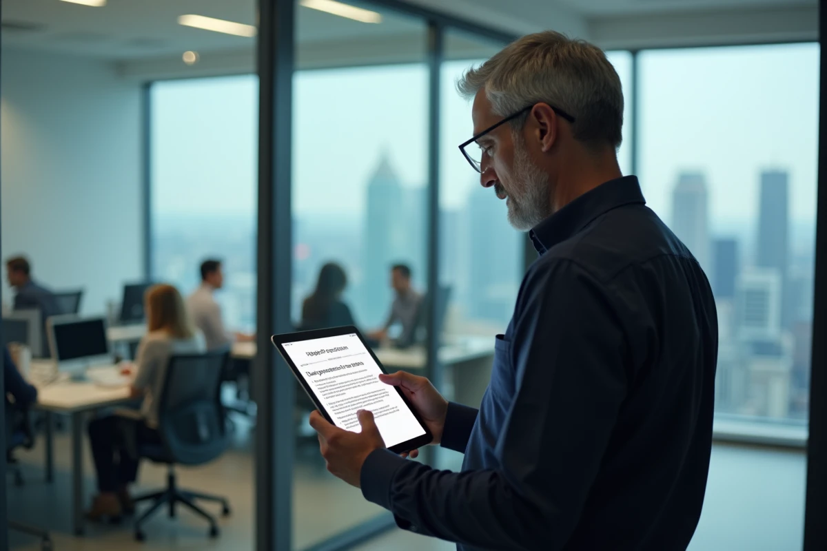Homme d'affaires lisant des informations sur la protection des données sur une tablette dans un bureau moderne avec vue sur la ville