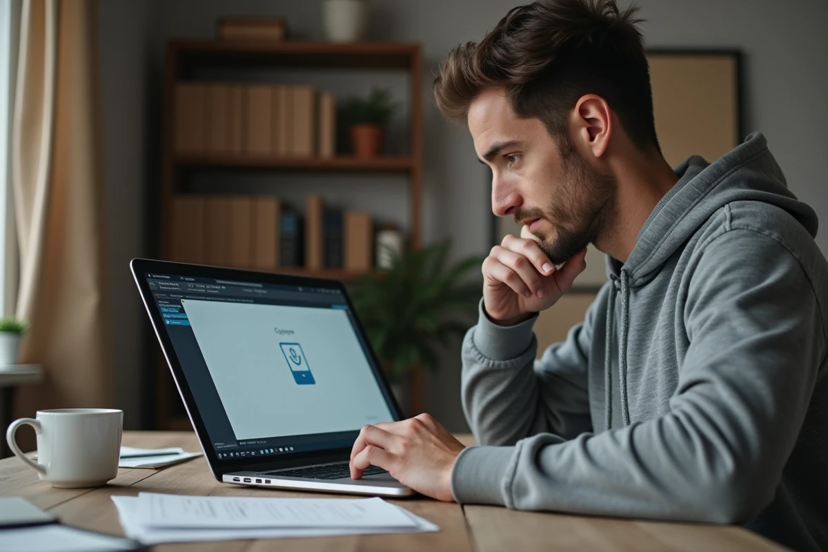 Homme utilisant un VPN sur son ordinateur portable dans un bureau à domicile pour protéger ses données personnelles en ligne
