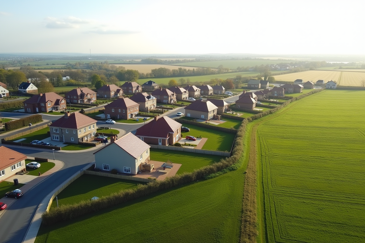 Quartier résidentiel en zone rurale avec maisons et champs ouverts
