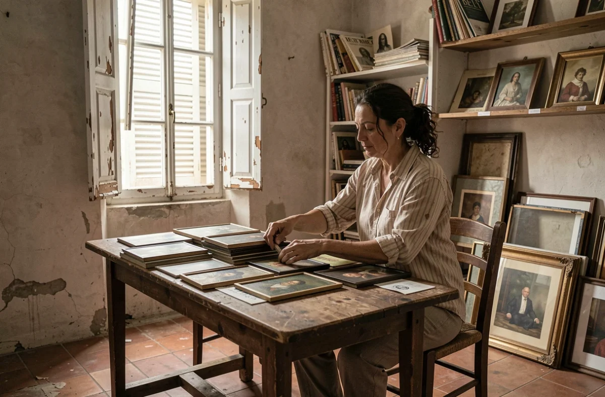 Femme triant des petites peintures à l'huile oubliées dans une maison de province française aux carreaux anciens et volets blancs