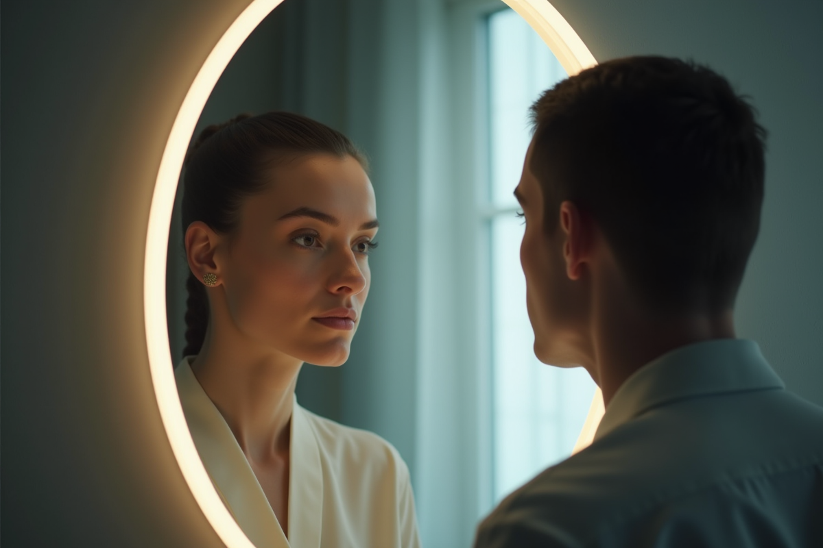 Personne regardant son reflet dans un miroir lumineux symbolisant la conscience
