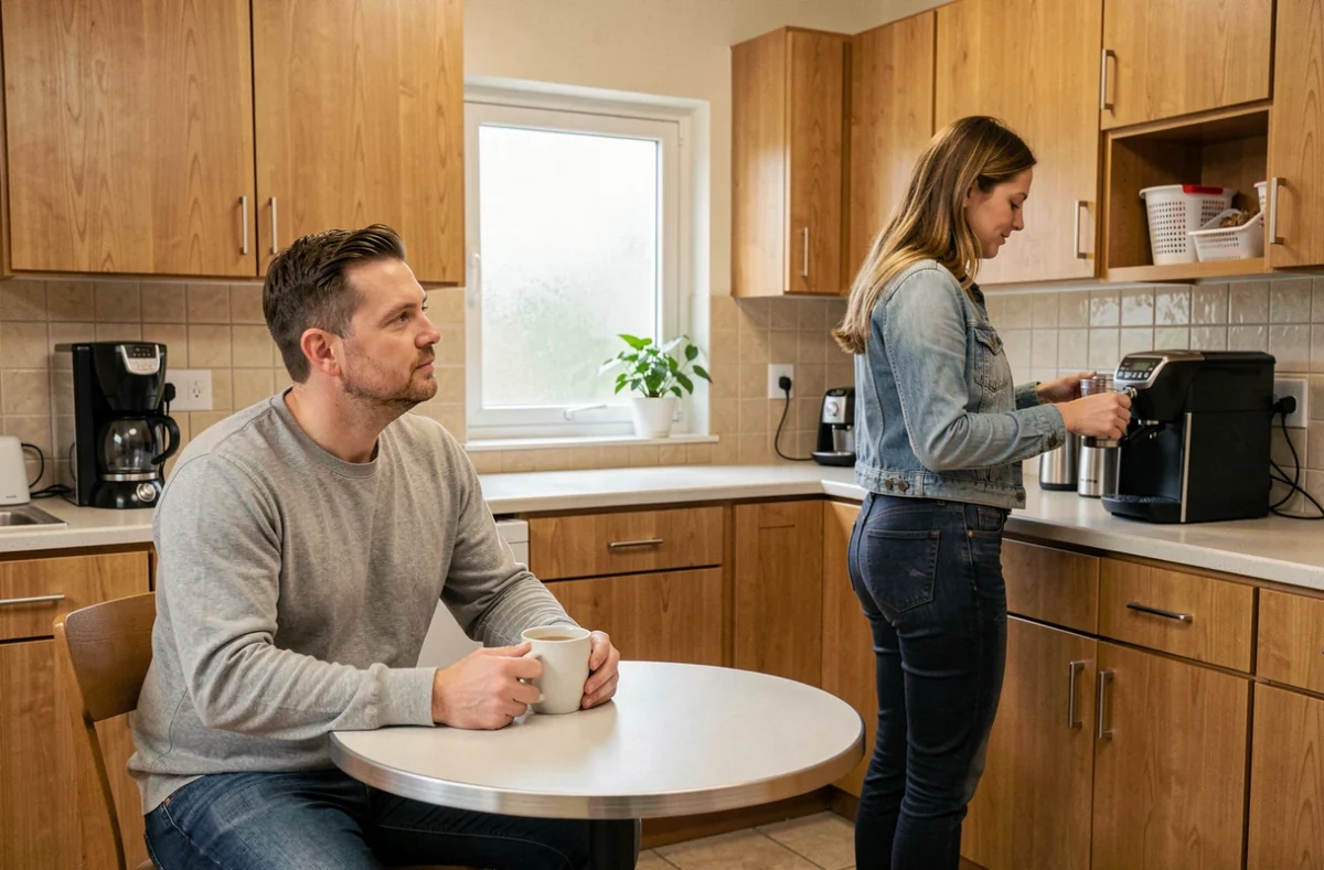Homme et femme dans une salle de pause au travail illustrant la dynamique du regard entre collègues
