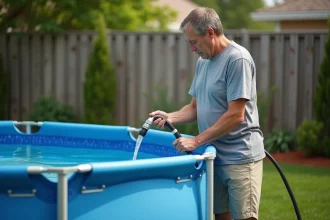 Homme d'âge moyen remplissant une piscine dans un jardin