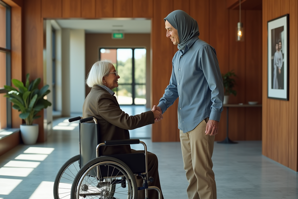 Femme en fauteuil et jeune homme se serrant la main dans un bureau