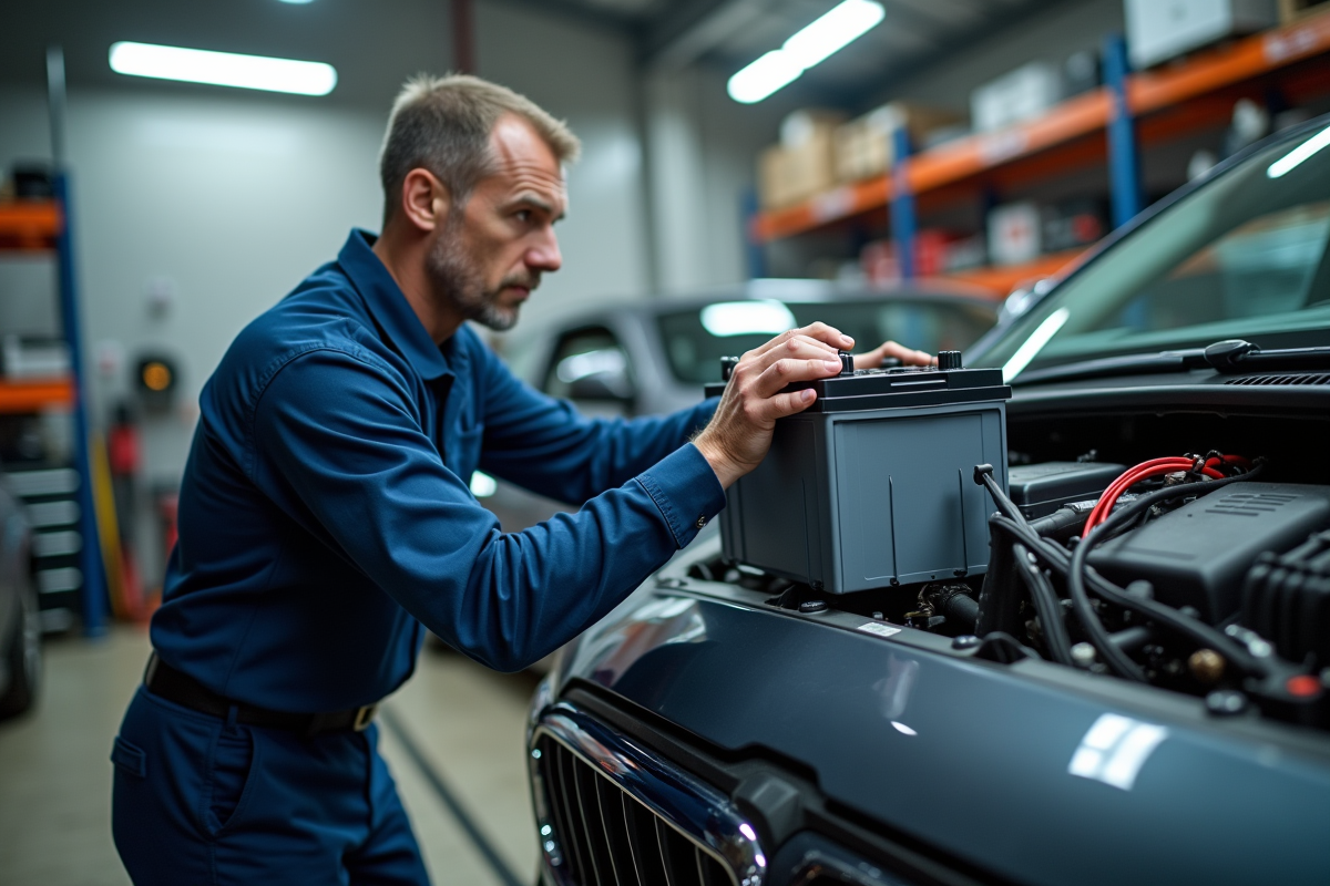 Mécanicien professionnel remplace une batterie hybride dans un garage lumineux