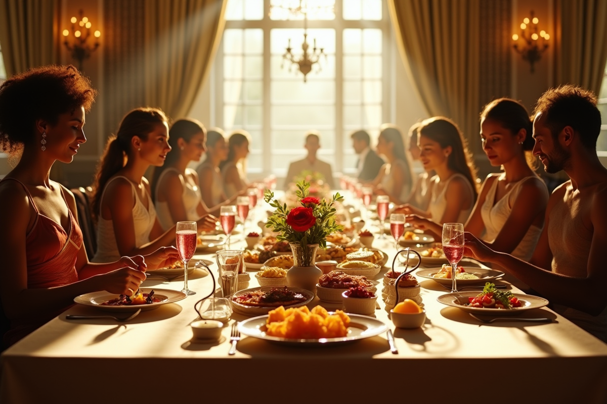Repas convivial avec nourriture simple et élégante sous lumière naturelle