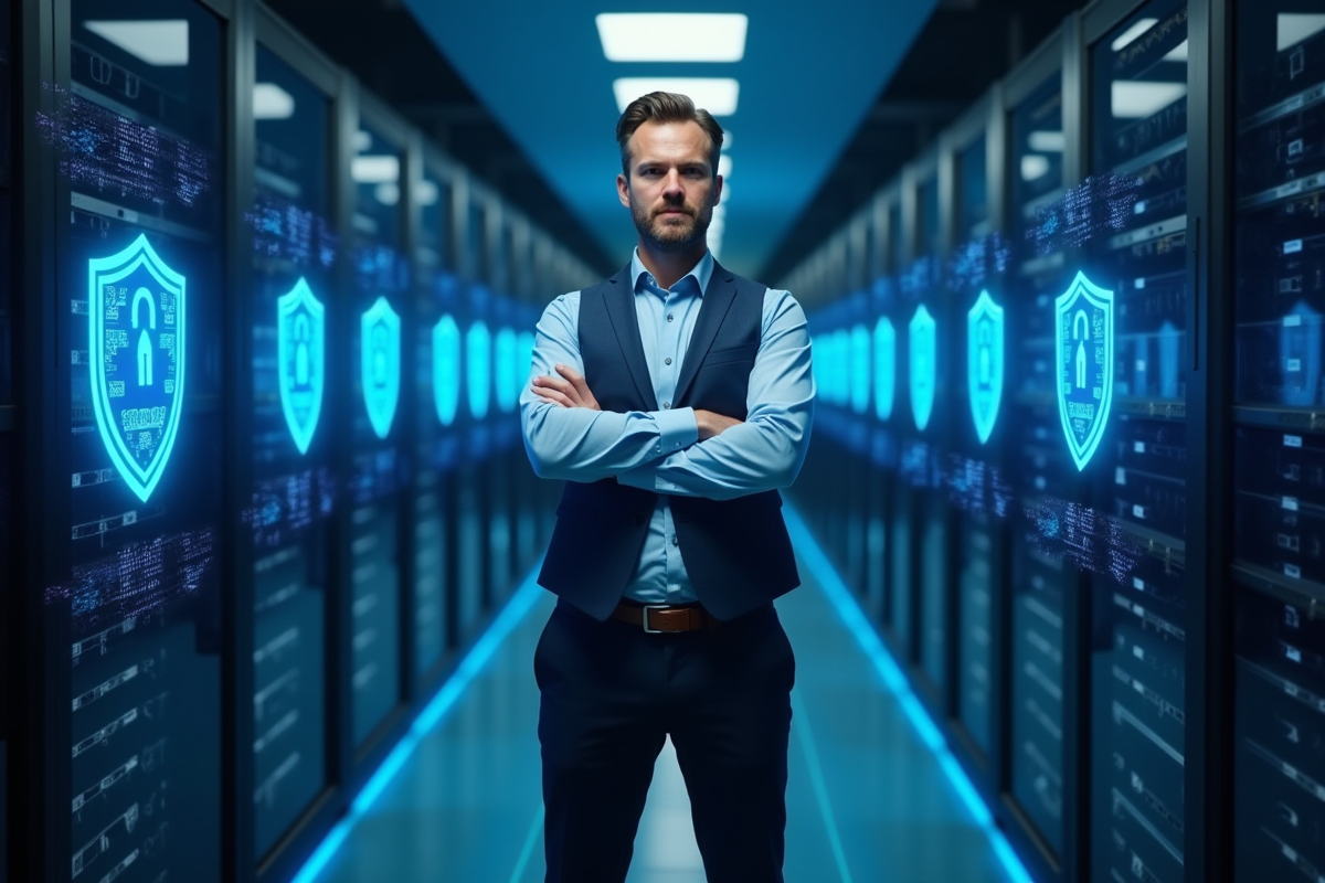 Manager informatique dans un centre de données avec serveurs et boucliers de securite
